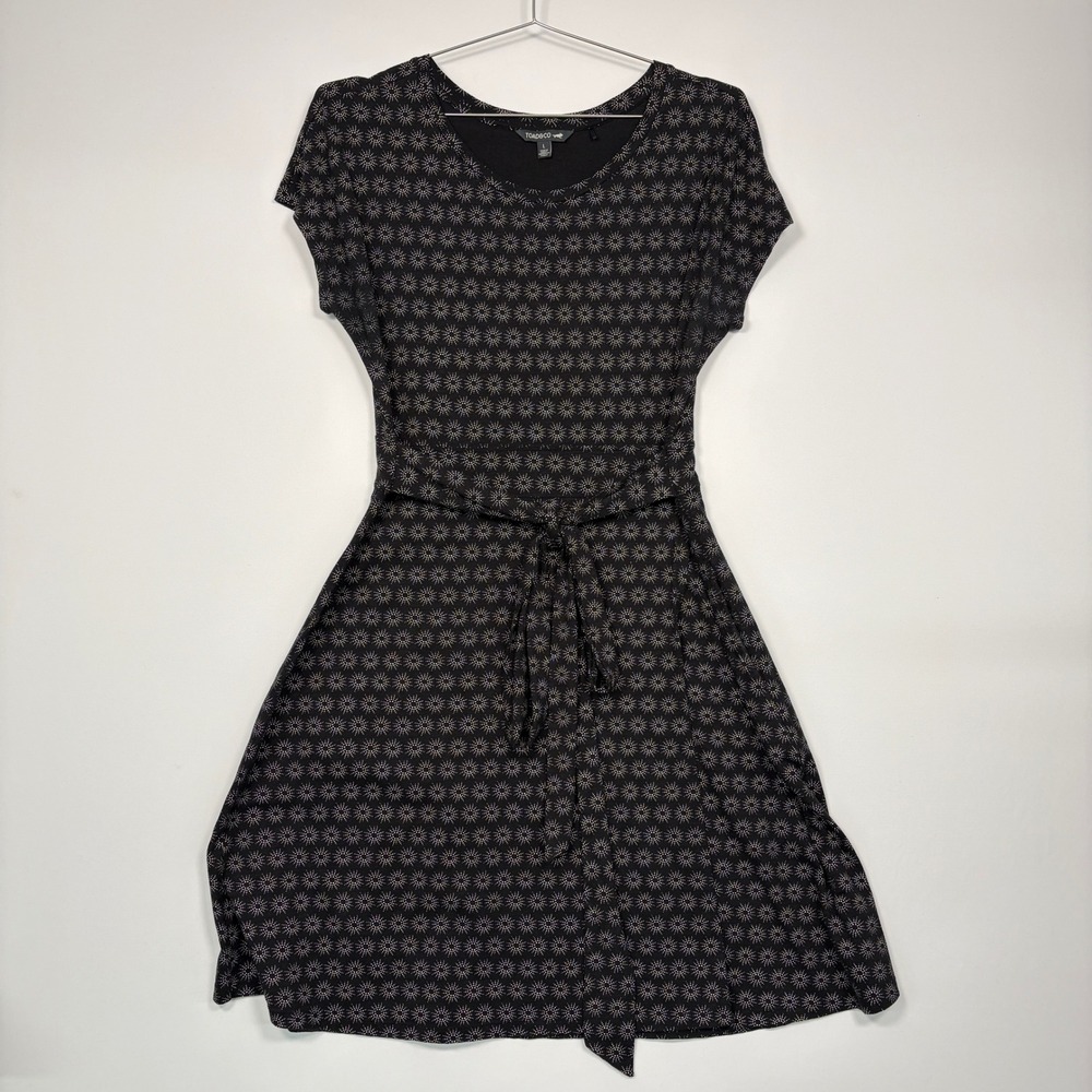 Toad&Co Women Dress L Black Starburst Tencel Cotton Blend Tie Waist Pockets